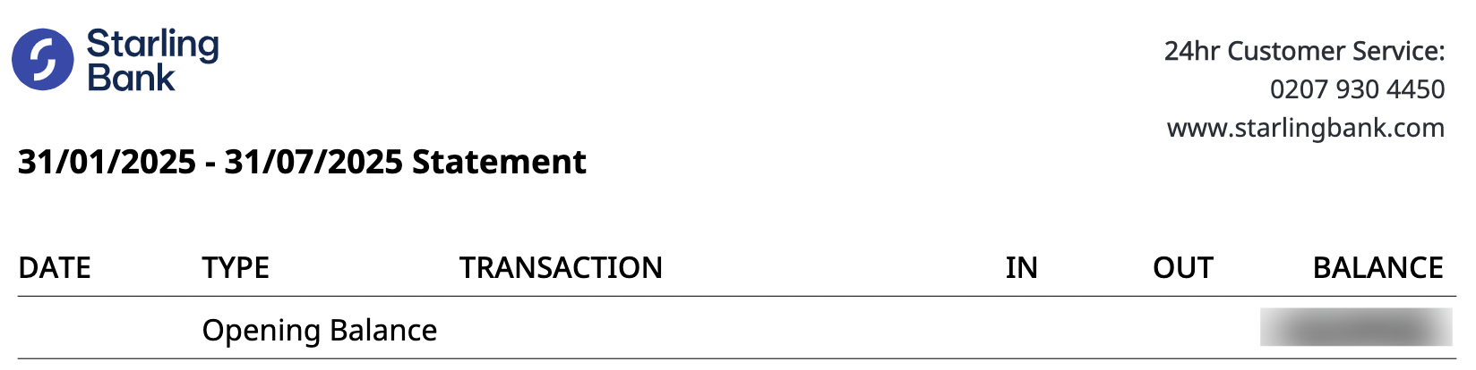 Starling page 1 showing column headers